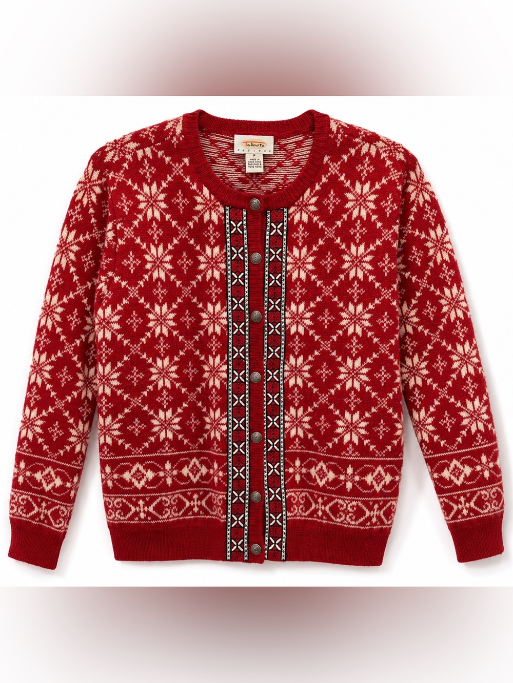 Vintage Wool Red Snowflake Pattern Sweater cardigan Petite Small fair isle